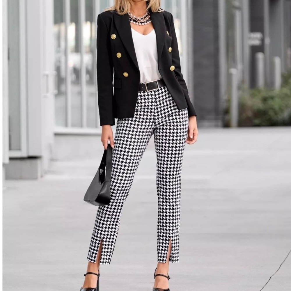 NEW Boston Proper Slim Straight Leg Slit Black Houndstooth Trouser Pant 16